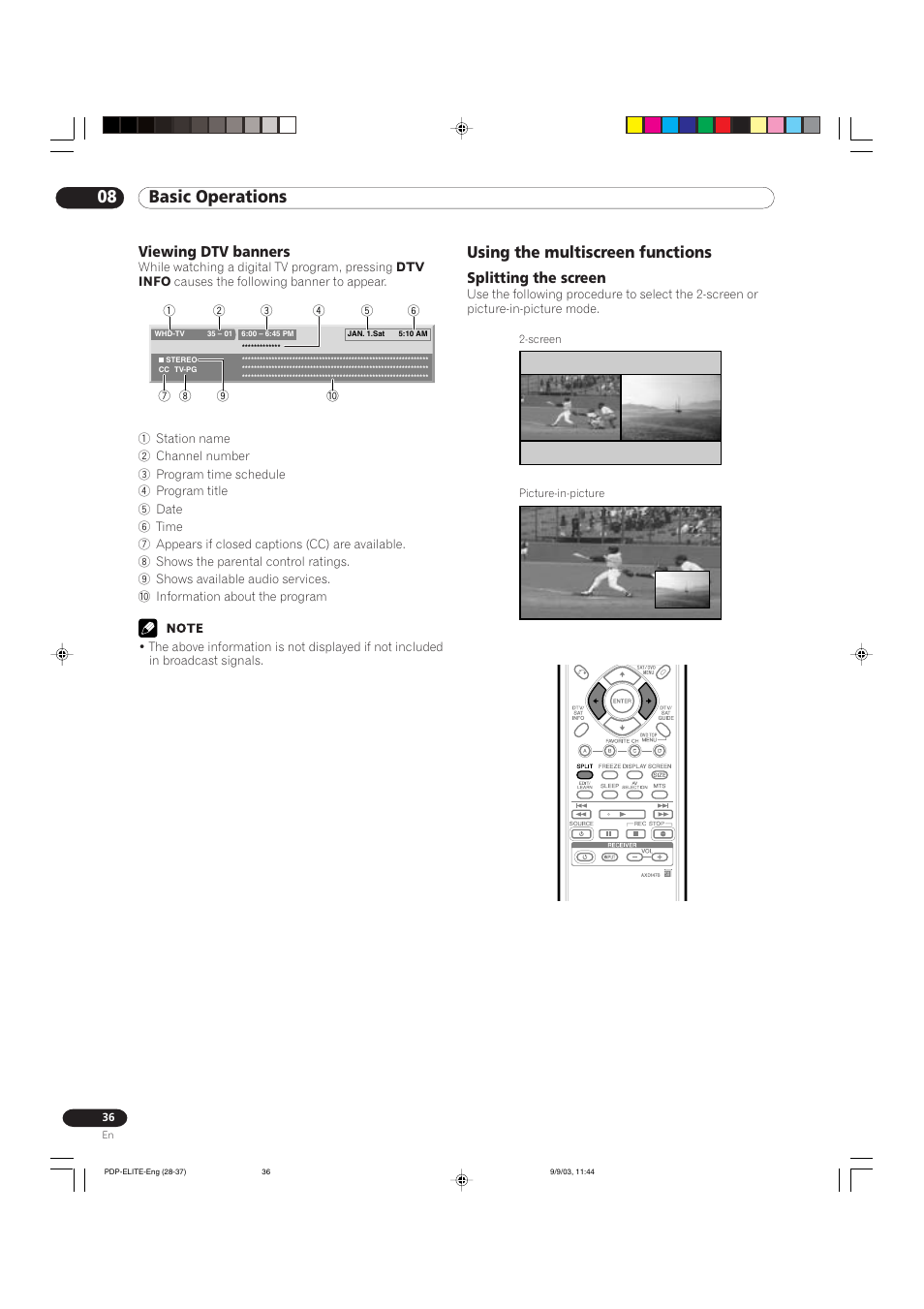08 basic operations, Using the multiscreen functions, Splitting the screen | Viewing dtv banners | Pioneer Elite PureVision PRO 1110HD User Manual | Page 36 / 120