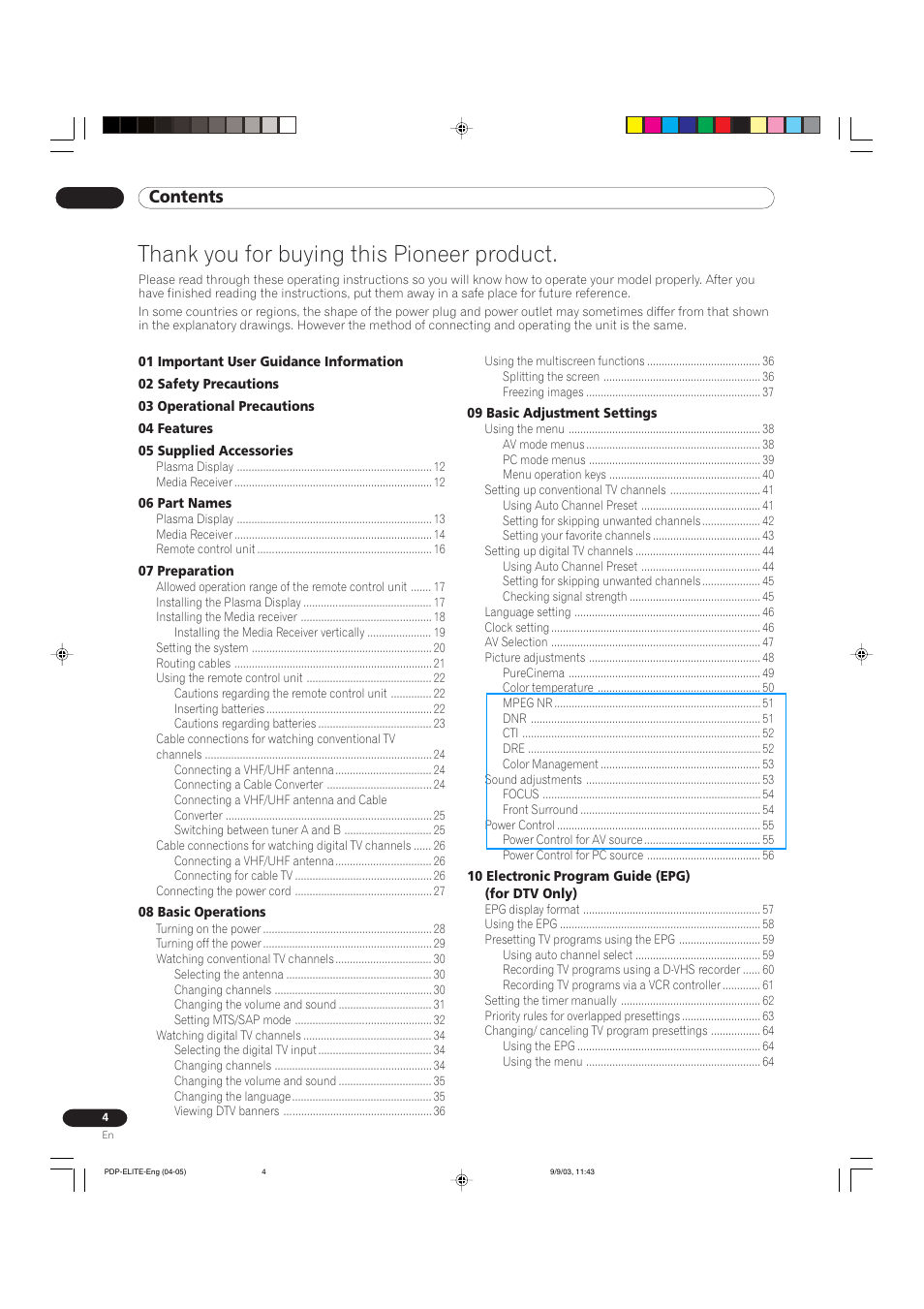 Pioneer Elite PureVision PRO 1110HD User Manual | Page 4 / 120