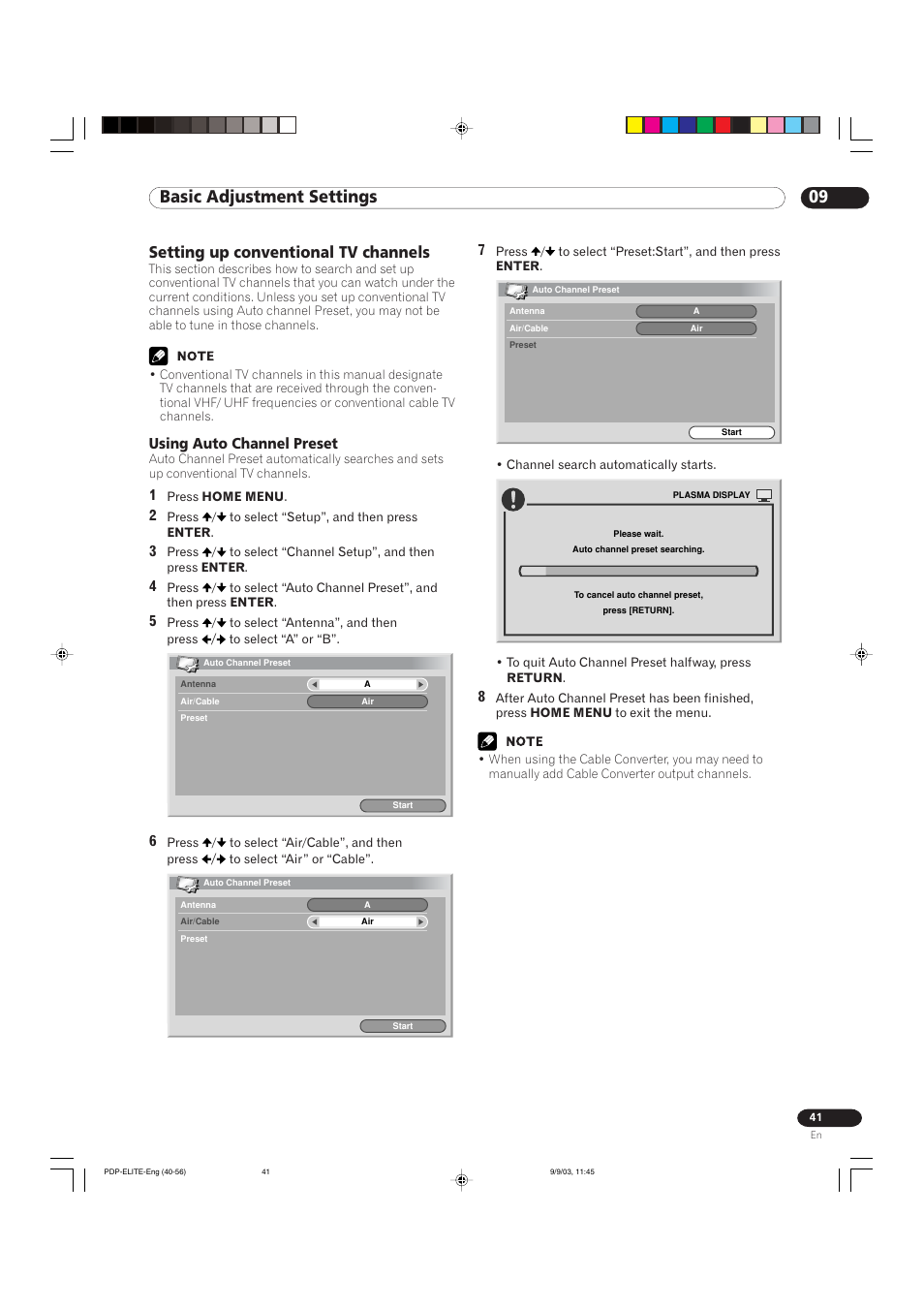 09 basic adjustment settings, Setting up conventional tv channels, Using auto channel preset | Pioneer Elite PureVision PRO 1110HD User Manual | Page 41 / 120