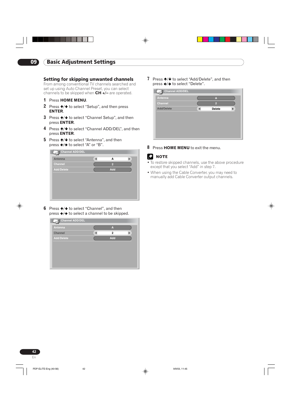 09 basic adjustment settings, Setting for skipping unwanted channels | Pioneer Elite PureVision PRO 1110HD User Manual | Page 42 / 120