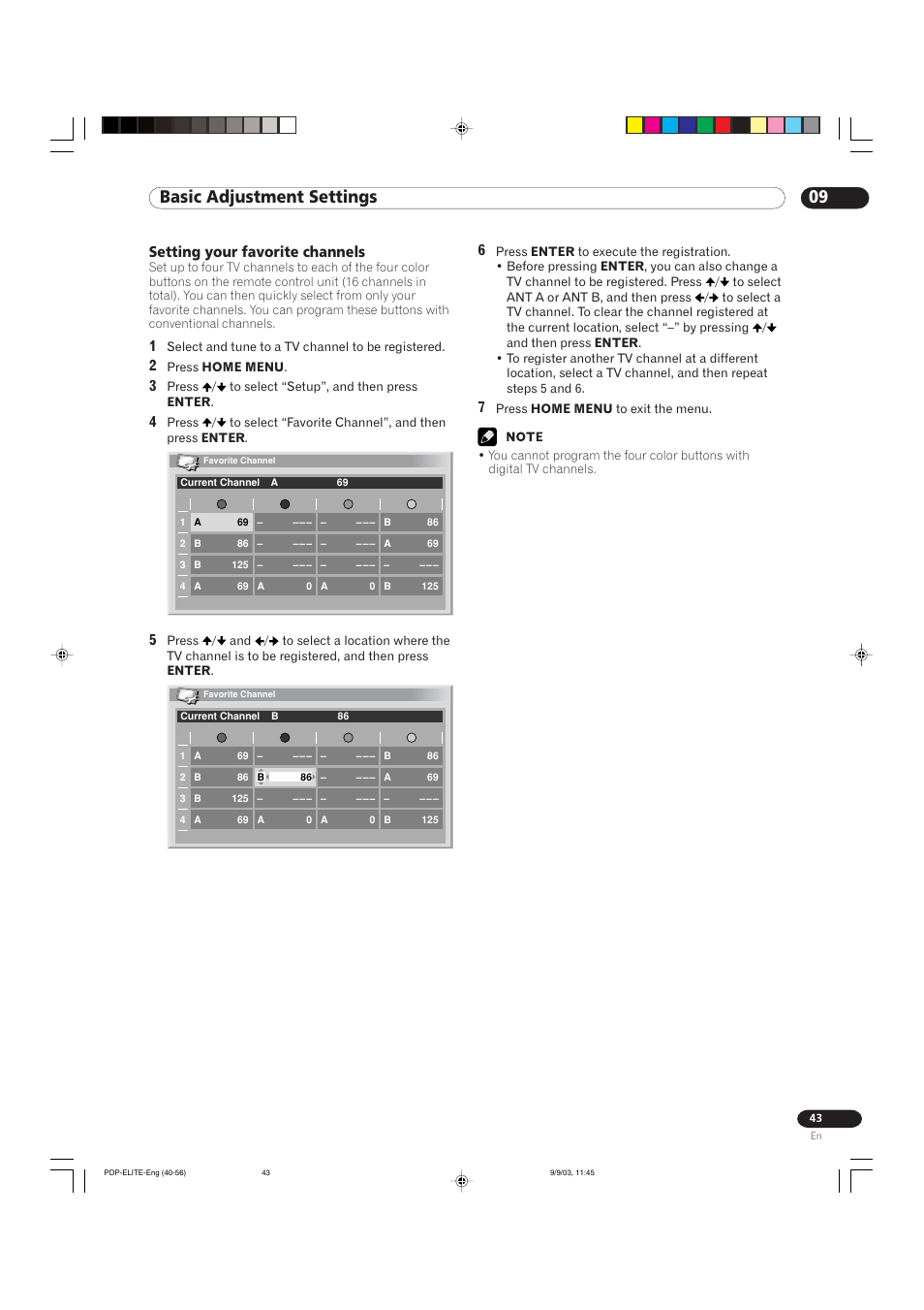 09 basic adjustment settings, Setting your favorite channels | Pioneer Elite PureVision PRO 1110HD User Manual | Page 43 / 120