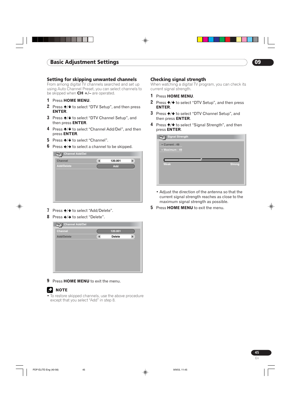 09 basic adjustment settings | Pioneer Elite PureVision PRO 1110HD User Manual | Page 45 / 120