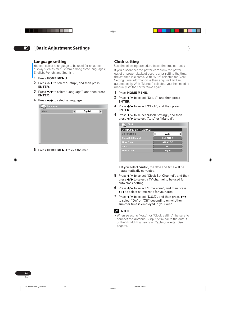 09 basic adjustment settings, Language setting, Clock setting | Pioneer Elite PureVision PRO 1110HD User Manual | Page 46 / 120