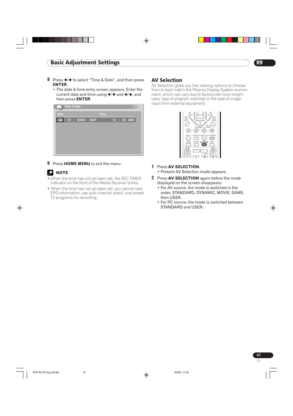 09 basic adjustment settings, Av selection | Pioneer Elite PureVision PRO 1110HD User Manual | Page 47 / 120