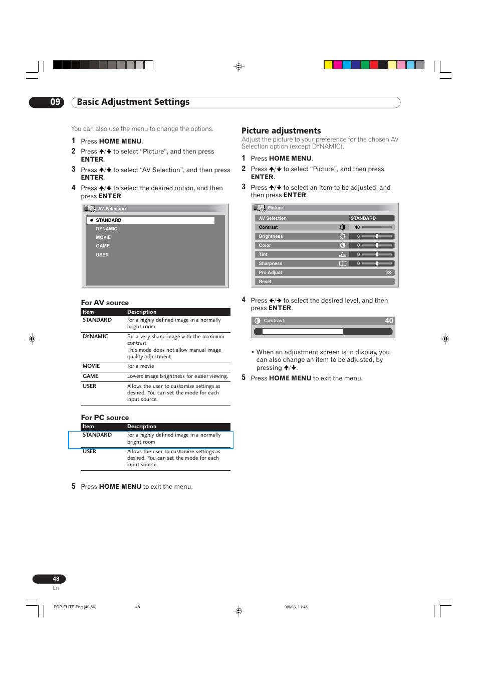 09 basic adjustment settings, Picture adjustments | Pioneer Elite PureVision PRO 1110HD User Manual | Page 48 / 120