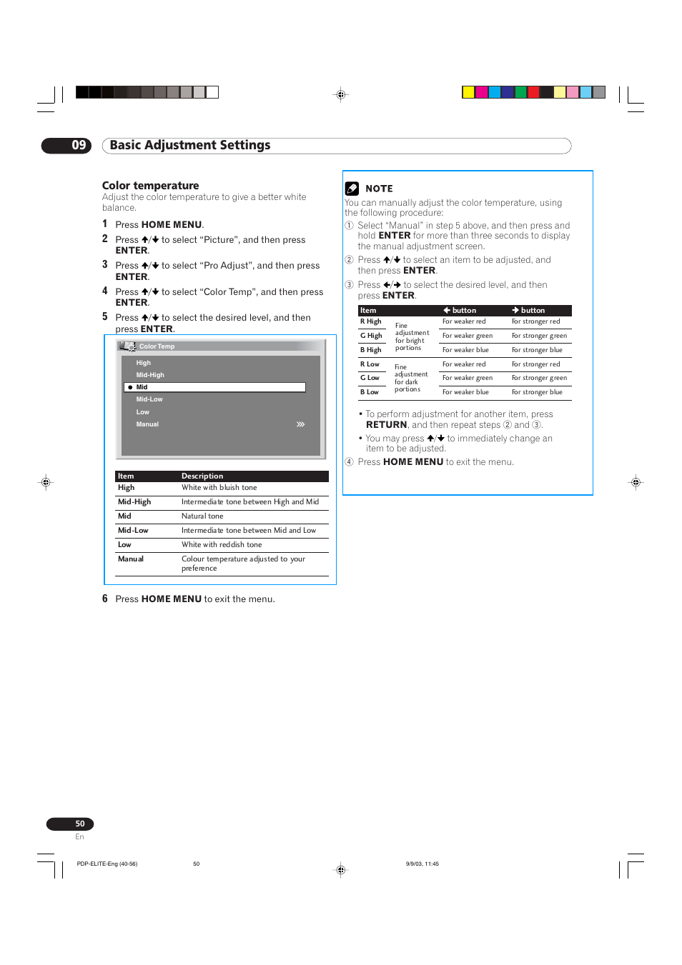 09 basic adjustment settings, Color temperature | Pioneer Elite PureVision PRO 1110HD User Manual | Page 50 / 120