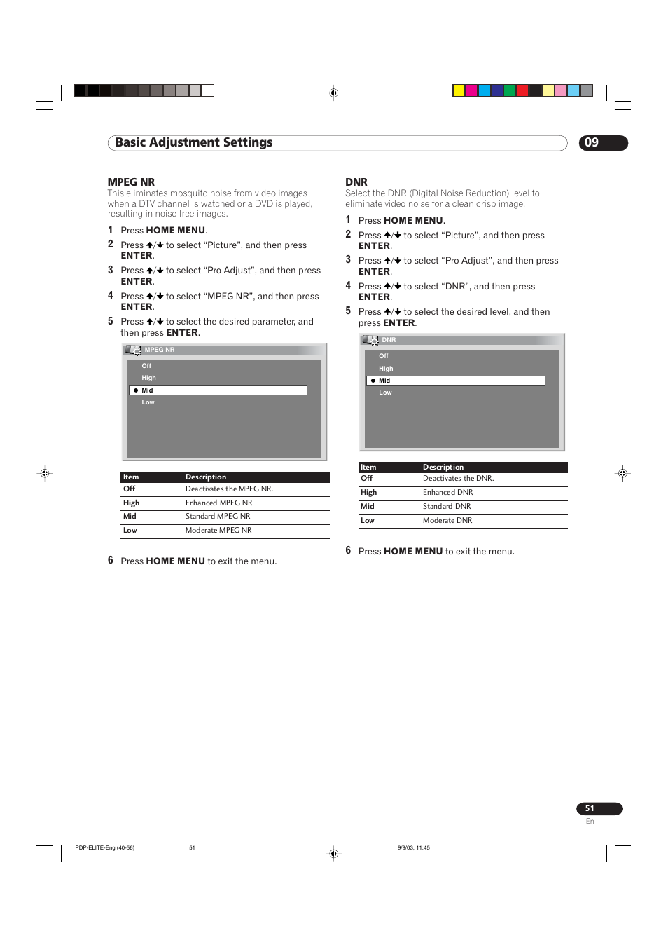09 basic adjustment settings | Pioneer Elite PureVision PRO 1110HD User Manual | Page 51 / 120