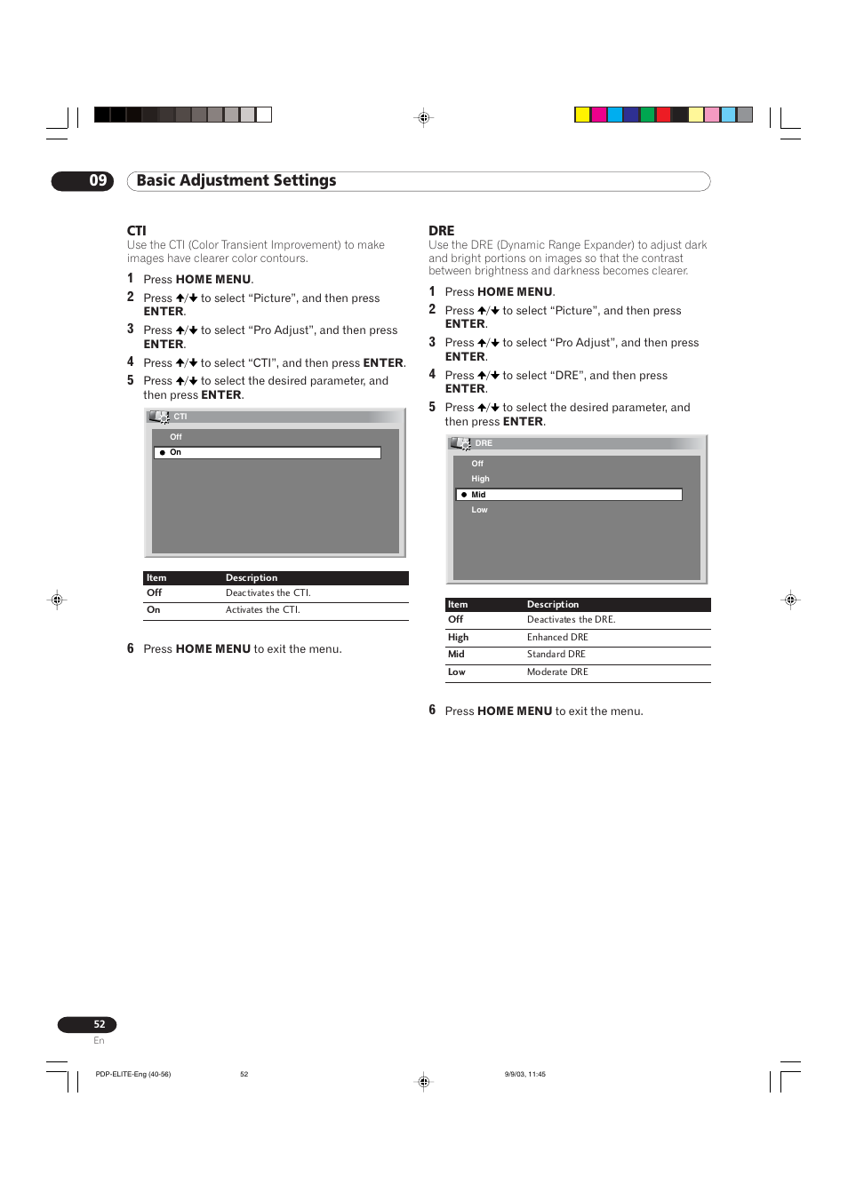 09 basic adjustment settings | Pioneer Elite PureVision PRO 1110HD User Manual | Page 52 / 120