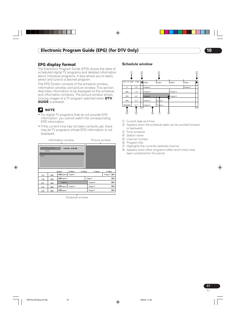 10 electronic program guide (epg) (for dtv only), Epg display format, Schedule window | Pioneer Elite PureVision PRO 1110HD User Manual | Page 57 / 120