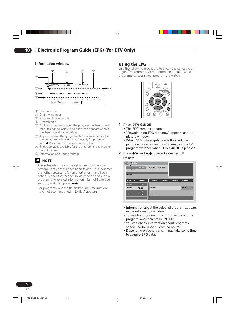 10 electronic program guide (epg) (for dtv only), Using the epg, Information window | Pioneer Elite PureVision PRO 1110HD User Manual | Page 58 / 120