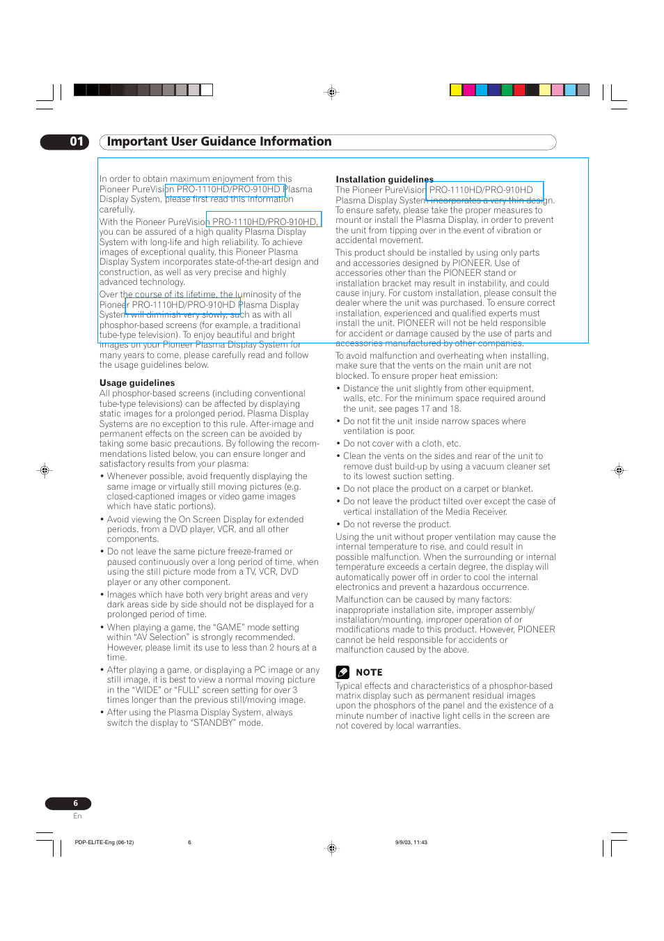 01 important user guidance information | Pioneer Elite PureVision PRO 1110HD User Manual | Page 6 / 120
