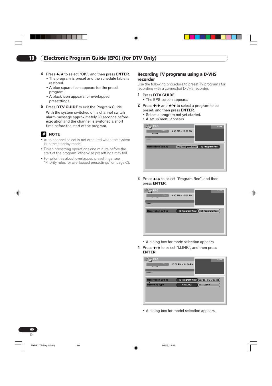 10 electronic program guide (epg) (for dtv only), Recording tv programs using a d-vhs recorder | Pioneer Elite PureVision PRO 1110HD User Manual | Page 60 / 120
