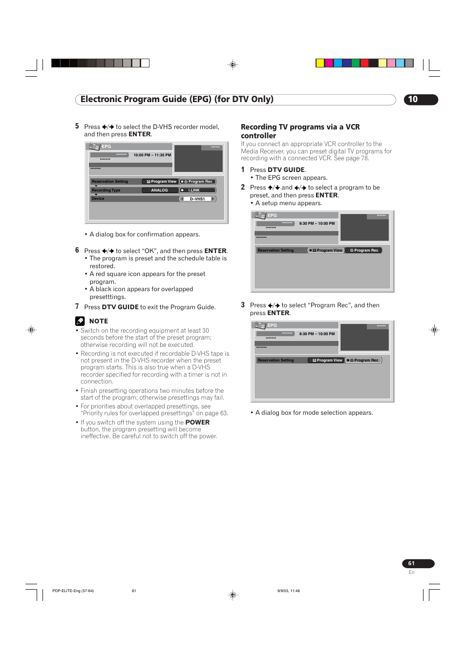 10 electronic program guide (epg) (for dtv only), Recording tv programs via a vcr controller | Pioneer Elite PureVision PRO 1110HD User Manual | Page 61 / 120