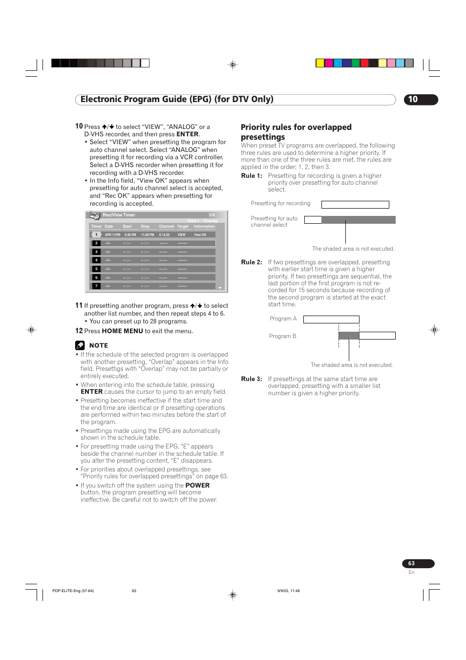 10 electronic program guide (epg) (for dtv only), Priority rules for overlapped presettings | Pioneer Elite PureVision PRO 1110HD User Manual | Page 63 / 120