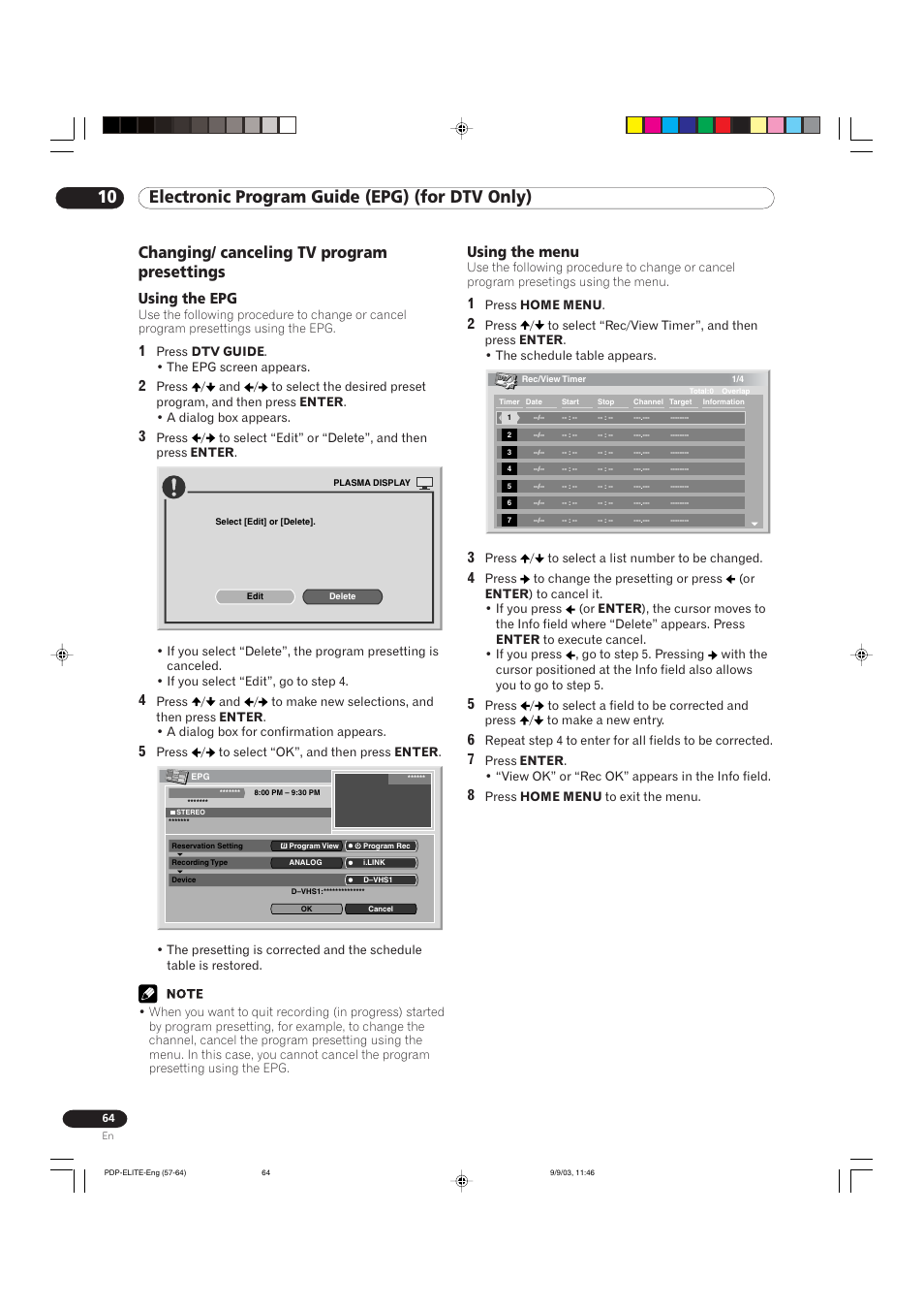 10 electronic program guide (epg) (for dtv only), Changing/ canceling tv program presettings, Using the epg | Using the menu | Pioneer Elite PureVision PRO 1110HD User Manual | Page 64 / 120