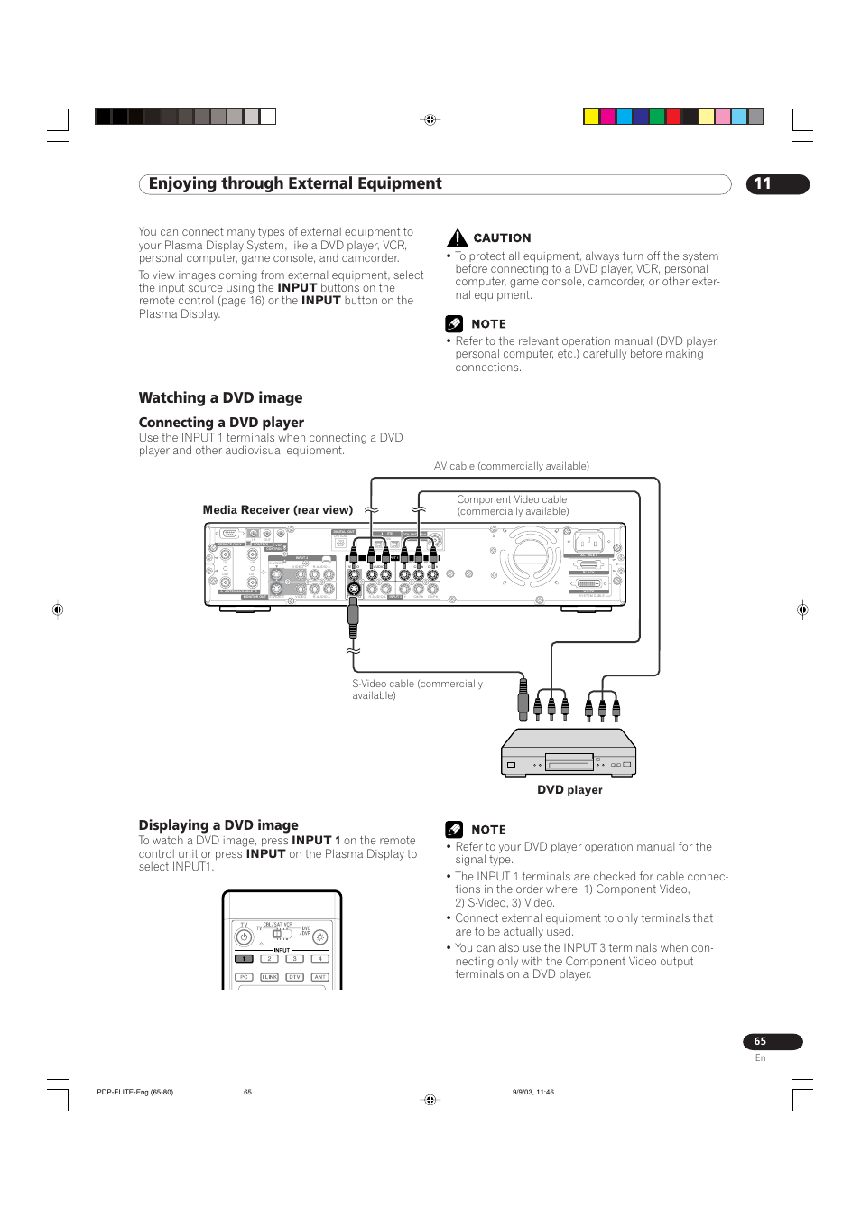 11 enjoying through external equipment, Watching a dvd image, Connecting a dvd player | Displaying a dvd image | Pioneer Elite PureVision PRO 1110HD User Manual | Page 65 / 120
