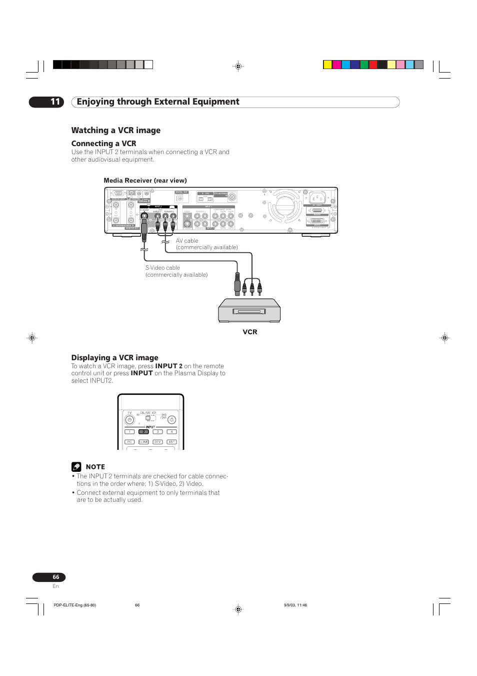 11 enjoying through external equipment, Watching a vcr image, Connecting a vcr | Displaying a vcr image, Media receiver (rear view) | Pioneer Elite PureVision PRO 1110HD User Manual | Page 66 / 120