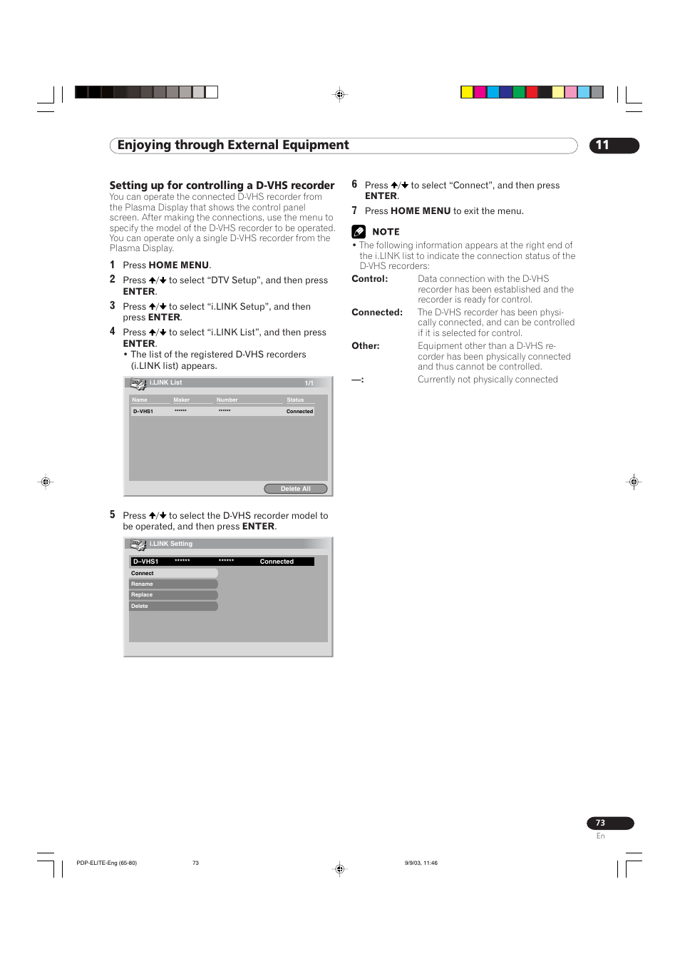 11 enjoying through external equipment, Setting up for controlling a d-vhs recorder | Pioneer Elite PureVision PRO 1110HD User Manual | Page 73 / 120