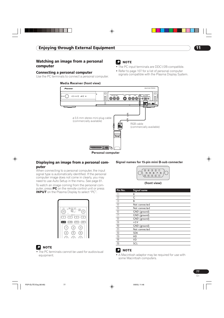 11 enjoying through external equipment, Watching an image from a personal computer, Connecting a personal computer | Displaying an image from a personal com- puter | Pioneer Elite PureVision PRO 1110HD User Manual | Page 77 / 120