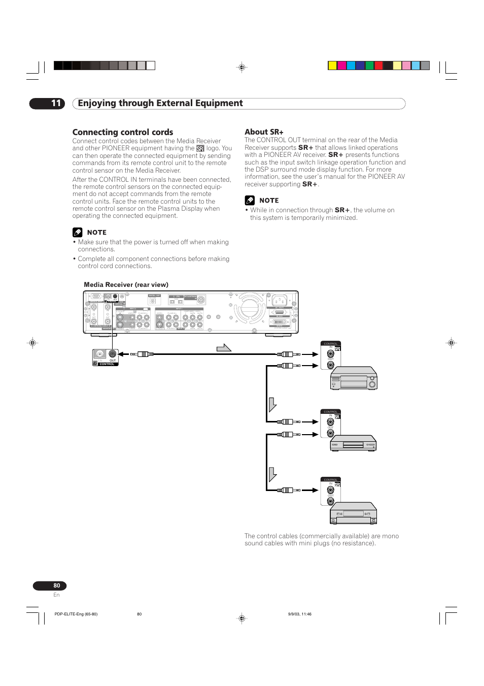 11 enjoying through external equipment, Connecting control cords, About sr | Media receiver (rear view) | Pioneer Elite PureVision PRO 1110HD User Manual | Page 80 / 120