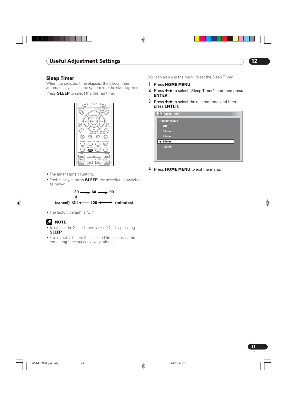 12 useful adjustment settings, Sleep timer | Pioneer Elite PureVision PRO 1110HD User Manual | Page 85 / 120