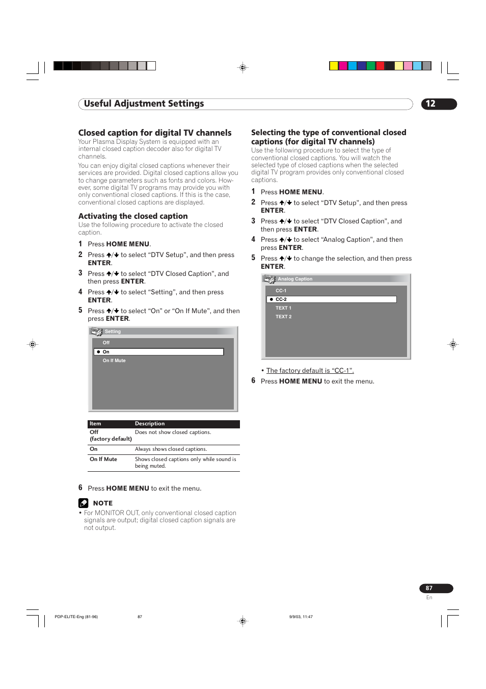12 useful adjustment settings, Closed caption for digital tv channels | Pioneer Elite PureVision PRO 1110HD User Manual | Page 87 / 120