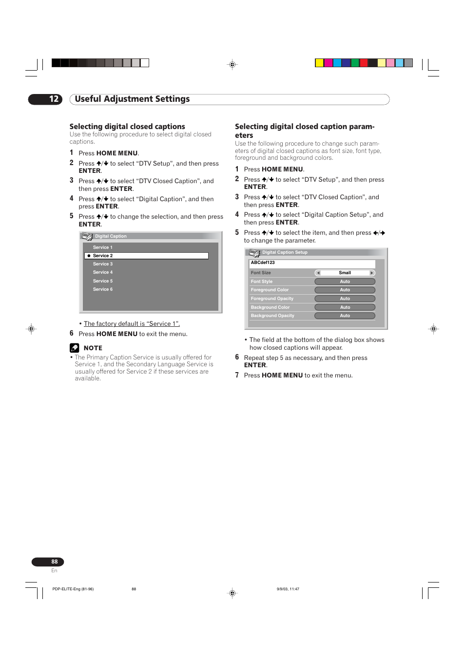 12 useful adjustment settings | Pioneer Elite PureVision PRO 1110HD User Manual | Page 88 / 120