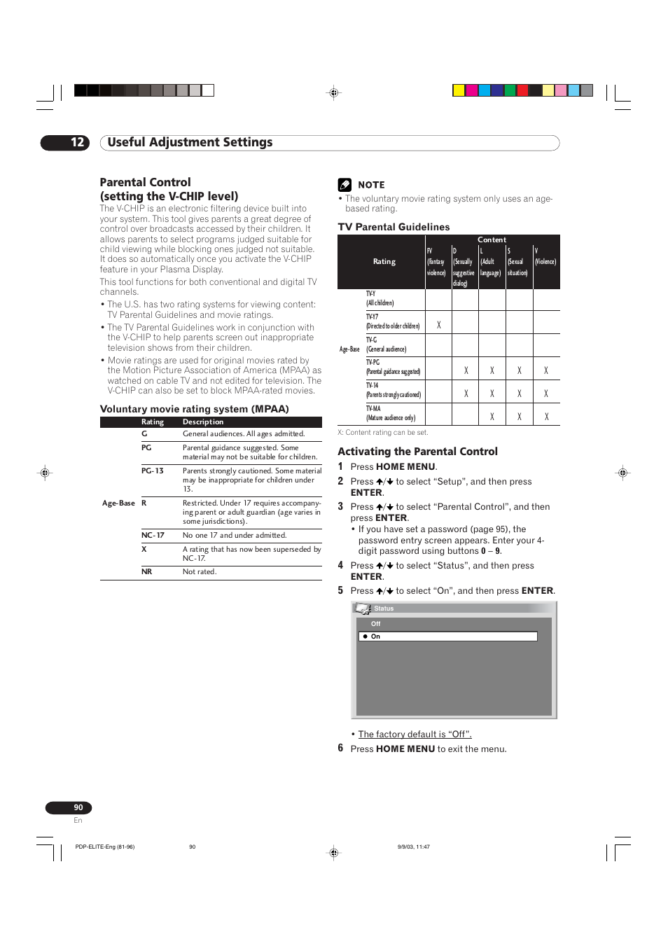 12 useful adjustment settings, Parental control (setting the v-chip level) | Pioneer Elite PureVision PRO 1110HD User Manual | Page 90 / 120