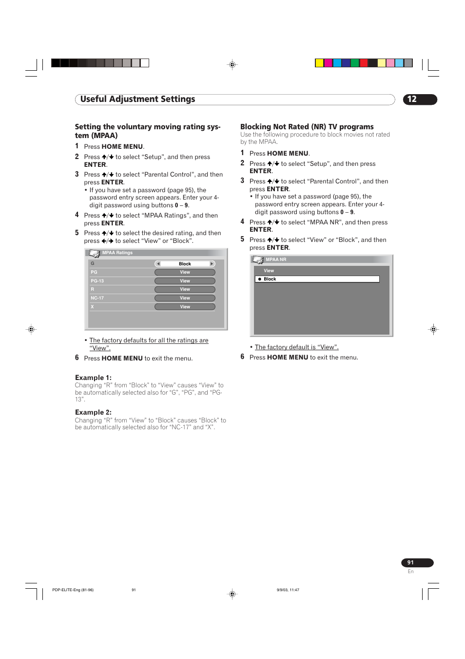 12 useful adjustment settings | Pioneer Elite PureVision PRO 1110HD User Manual | Page 91 / 120