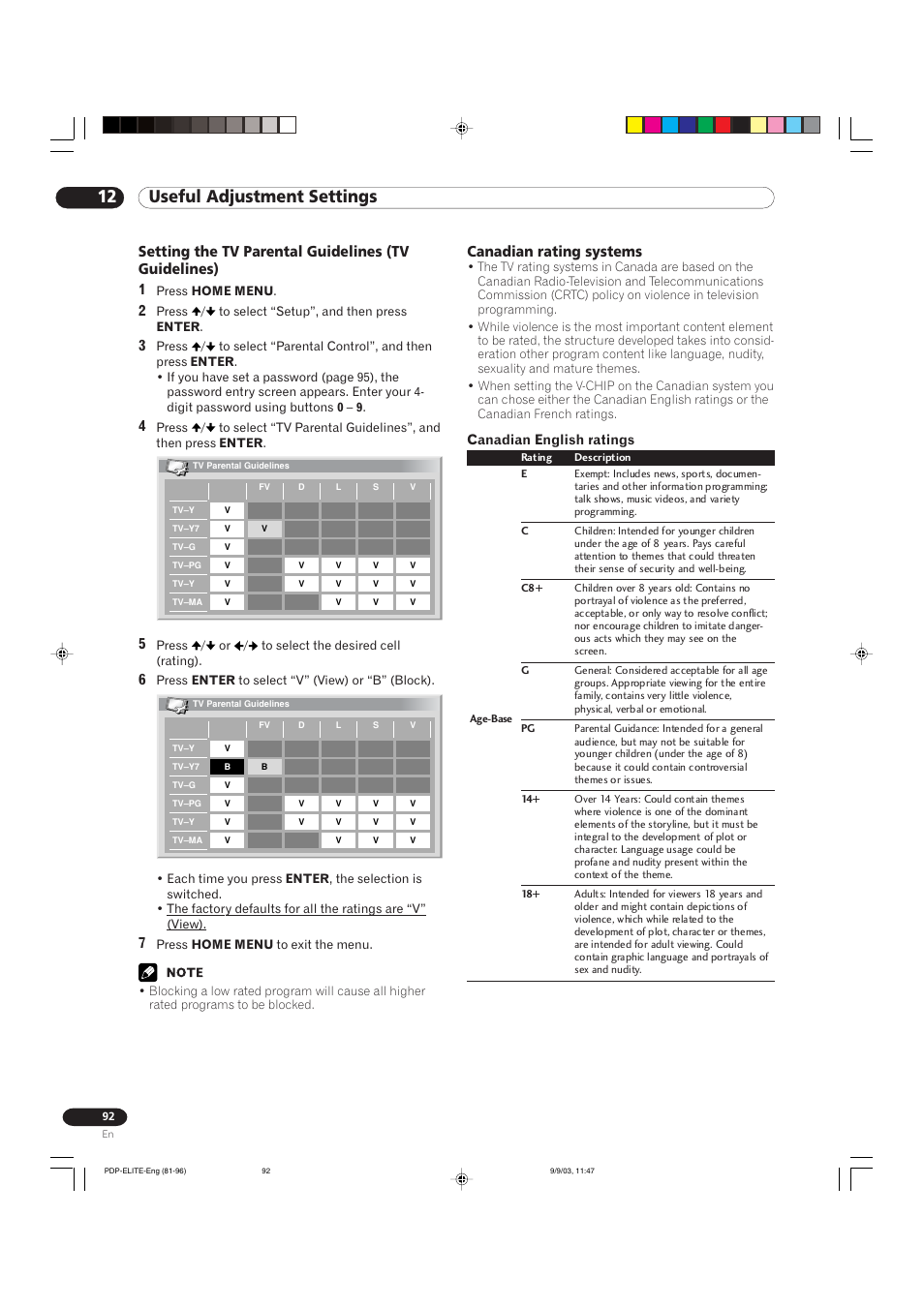 12 useful adjustment settings, Canadian rating systems | Pioneer Elite PureVision PRO 1110HD User Manual | Page 92 / 120
