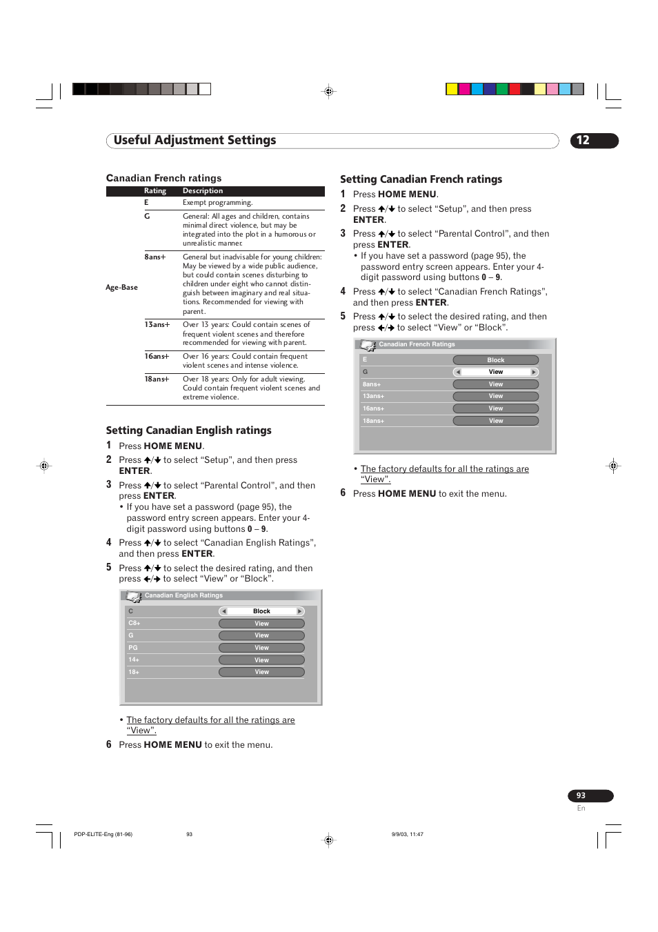 12 useful adjustment settings, Setting canadian english ratings 1, Setting canadian french ratings 1 | Pioneer Elite PureVision PRO 1110HD User Manual | Page 93 / 120