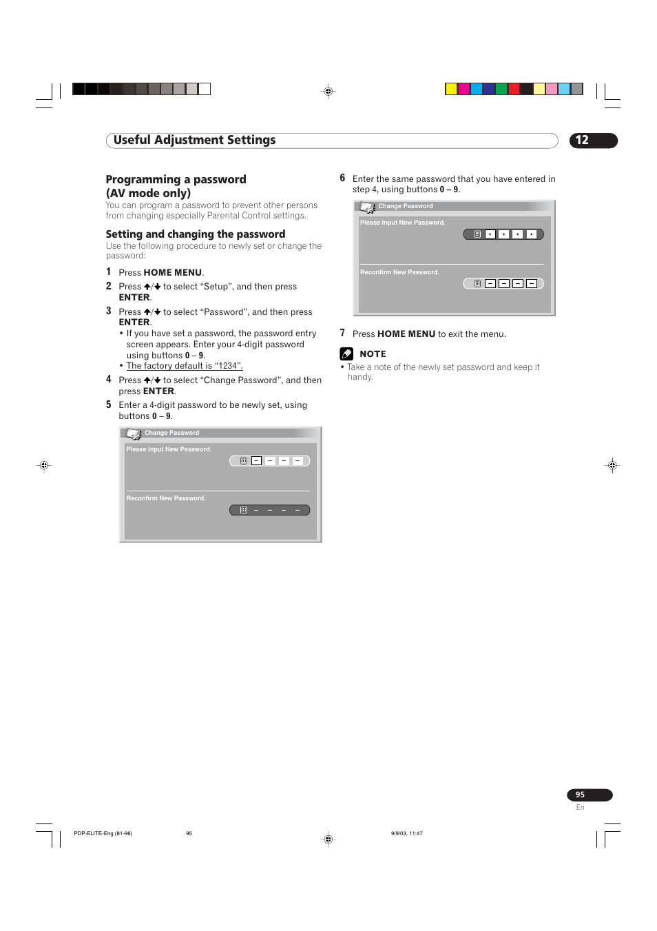 12 useful adjustment settings, Programming a password (av mode only) | Pioneer Elite PureVision PRO 1110HD User Manual | Page 95 / 120