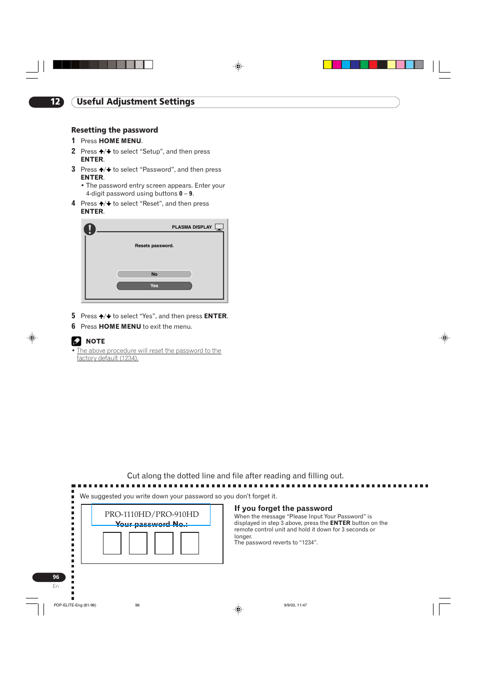 12 useful adjustment settings | Pioneer Elite PureVision PRO 1110HD User Manual | Page 96 / 120