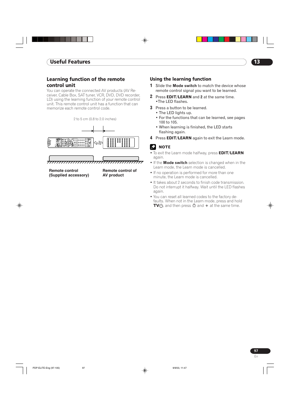 13 useful features, Learning function of the remote control unit | Pioneer Elite PureVision PRO 1110HD User Manual | Page 97 / 120