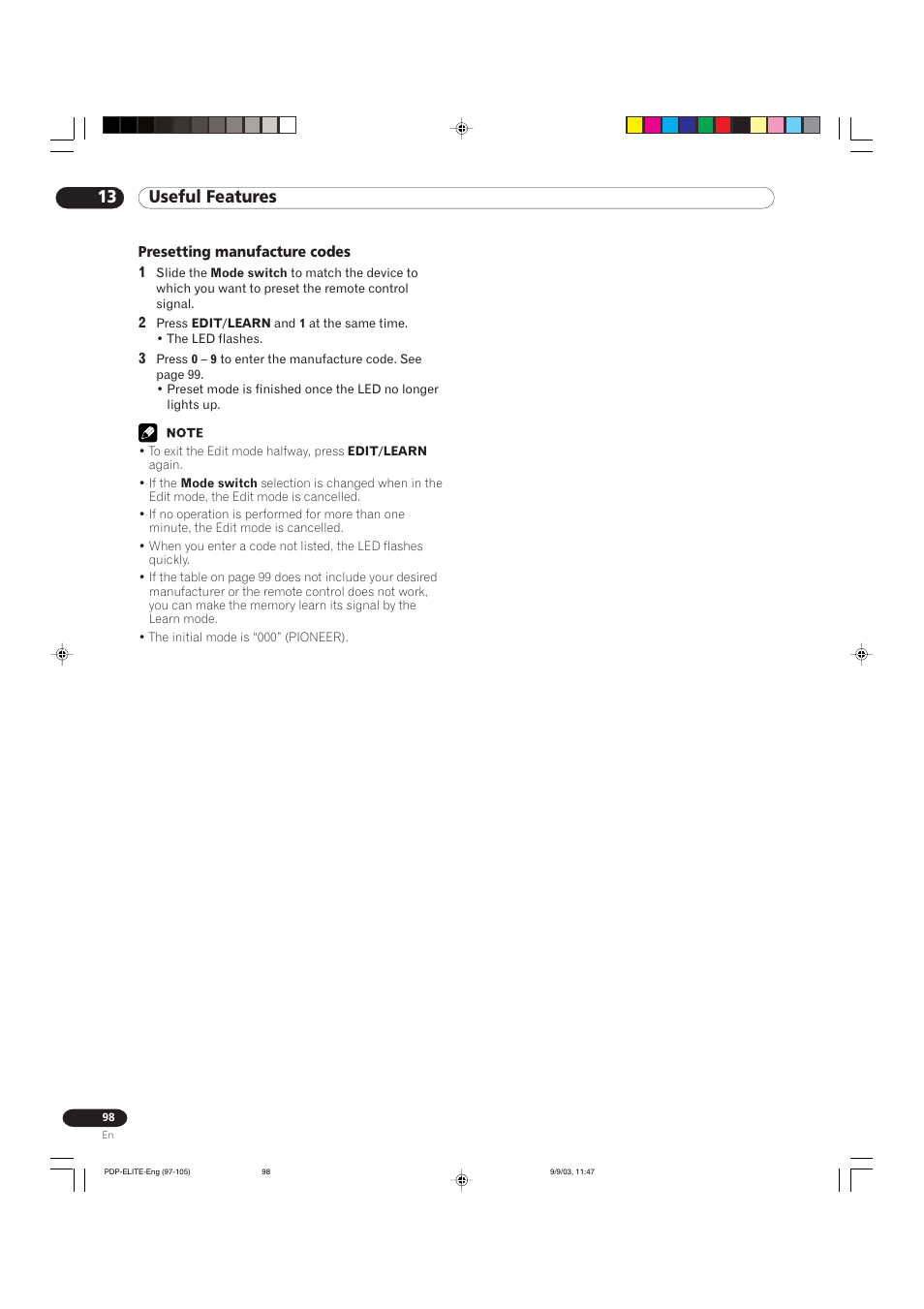 13 useful features | Pioneer Elite PureVision PRO 1110HD User Manual | Page 98 / 120