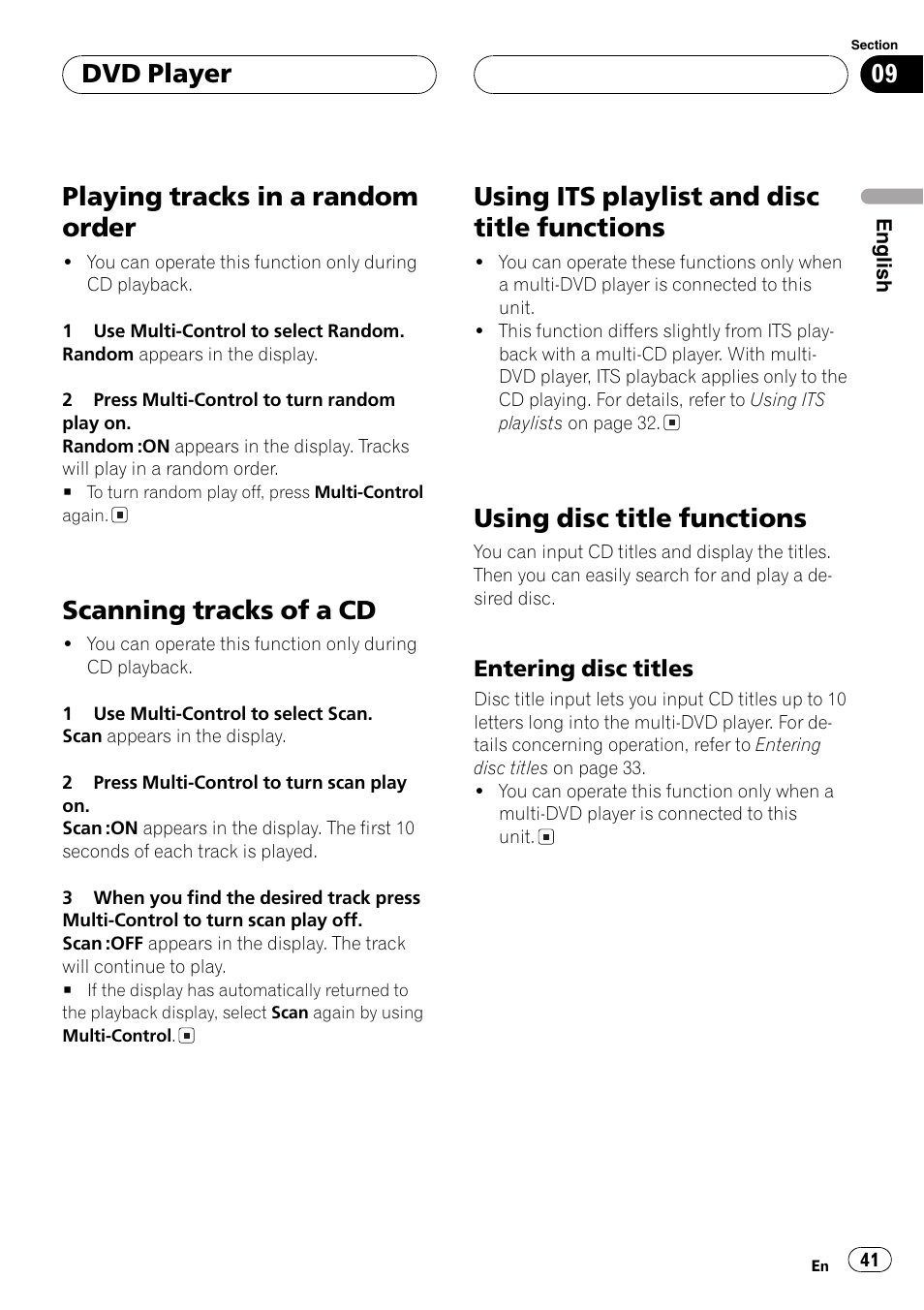 Entering disc titles 41, Playingtracks in a random order, Scanningtracks of a cd | Usingits playlist and disc title functions, Usingdisc title functions, Dvd player | Pioneer DEH-P1Y User Manual | Page 41 / 64