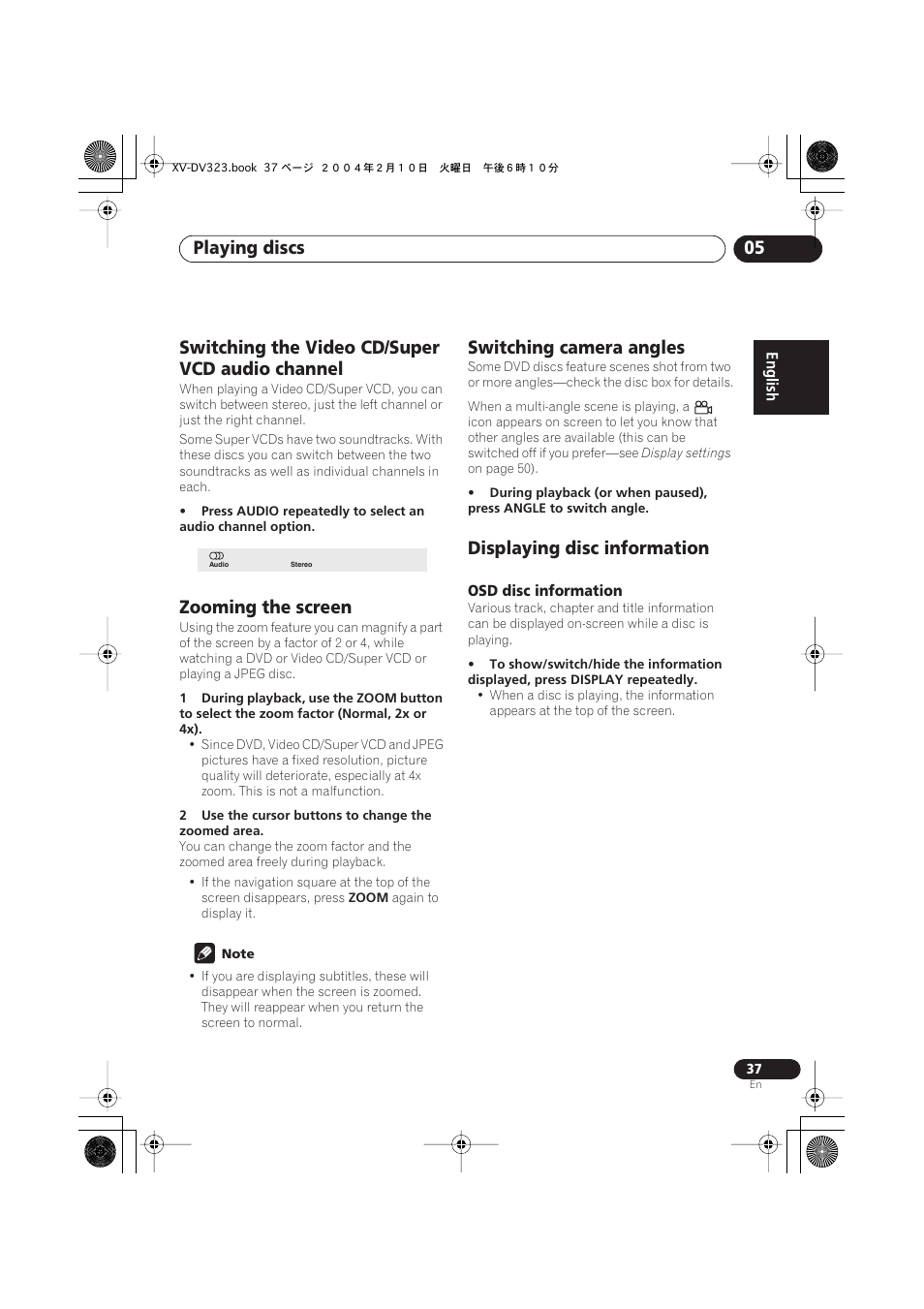 Switching the video cd/super vcd audio channel, Zooming the screen, Switching camera angles | Displaying disc information, Osd disc information, Playing discs 05 | Pioneer S-DV440 User Manual | Page 37 / 74