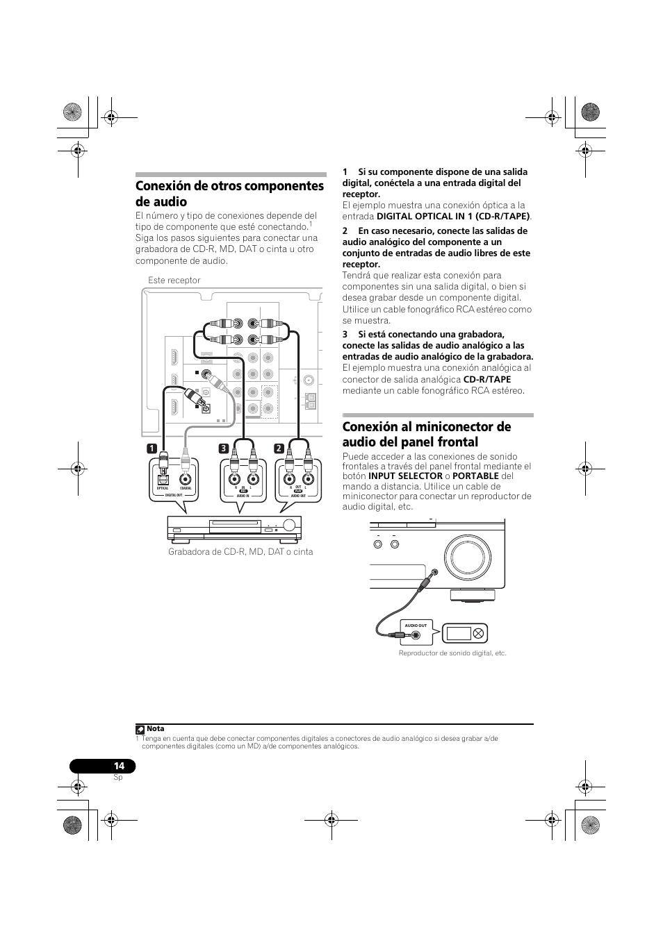 Conexión de otros componentes de audio, Conexión al miniconector de audio del panel, Frontal | Nota | Pioneer VSX-519V-K User Manual | Page 108 / 144