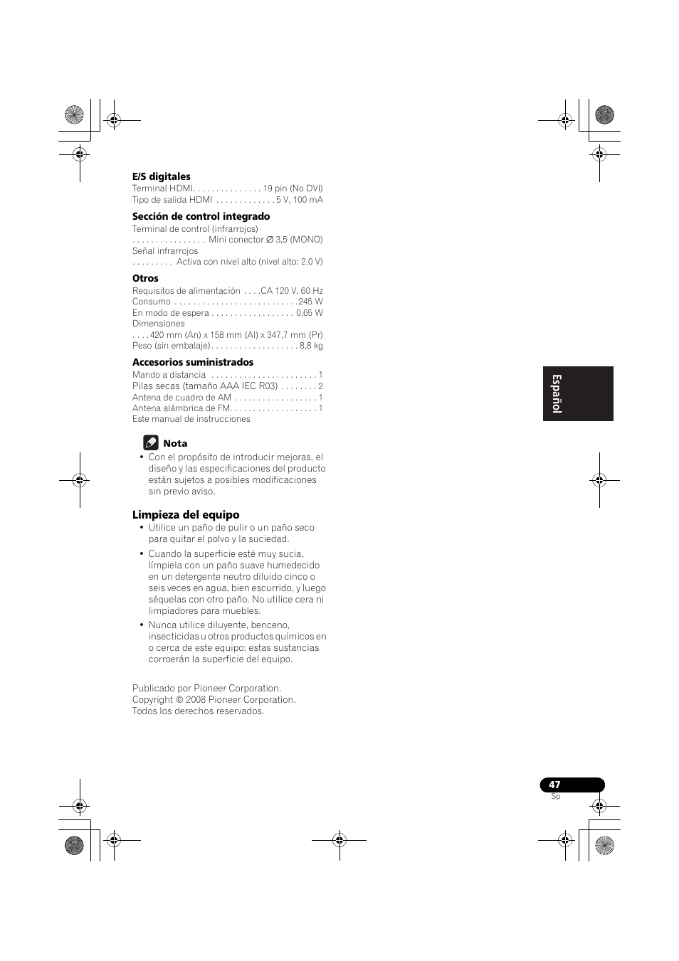 Limpieza del equipo | Pioneer VSX-519V-K User Manual | Page 141 / 144