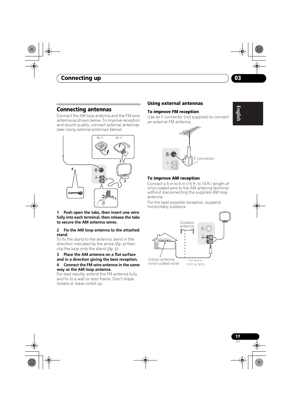 Connecting antennas, Using external antennas, Connecting up 03 | Engli sh françai s e spañol | Pioneer VSX-519V-K User Manual | Page 17 / 144