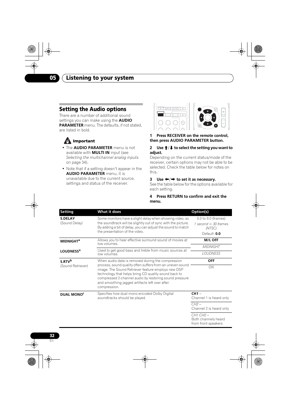 Setting the audio options, Listening to your system 05 | Pioneer VSX-519V-K User Manual | Page 32 / 144