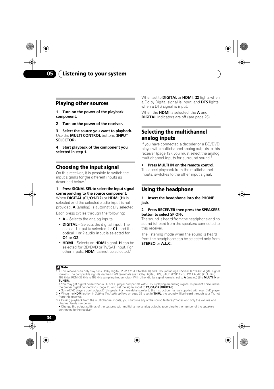 Playing other sources, Choosing the input signal, Selecting the multichannel analog inputs | Using the headphone, Listening to your system 05 | Pioneer VSX-519V-K User Manual | Page 34 / 144