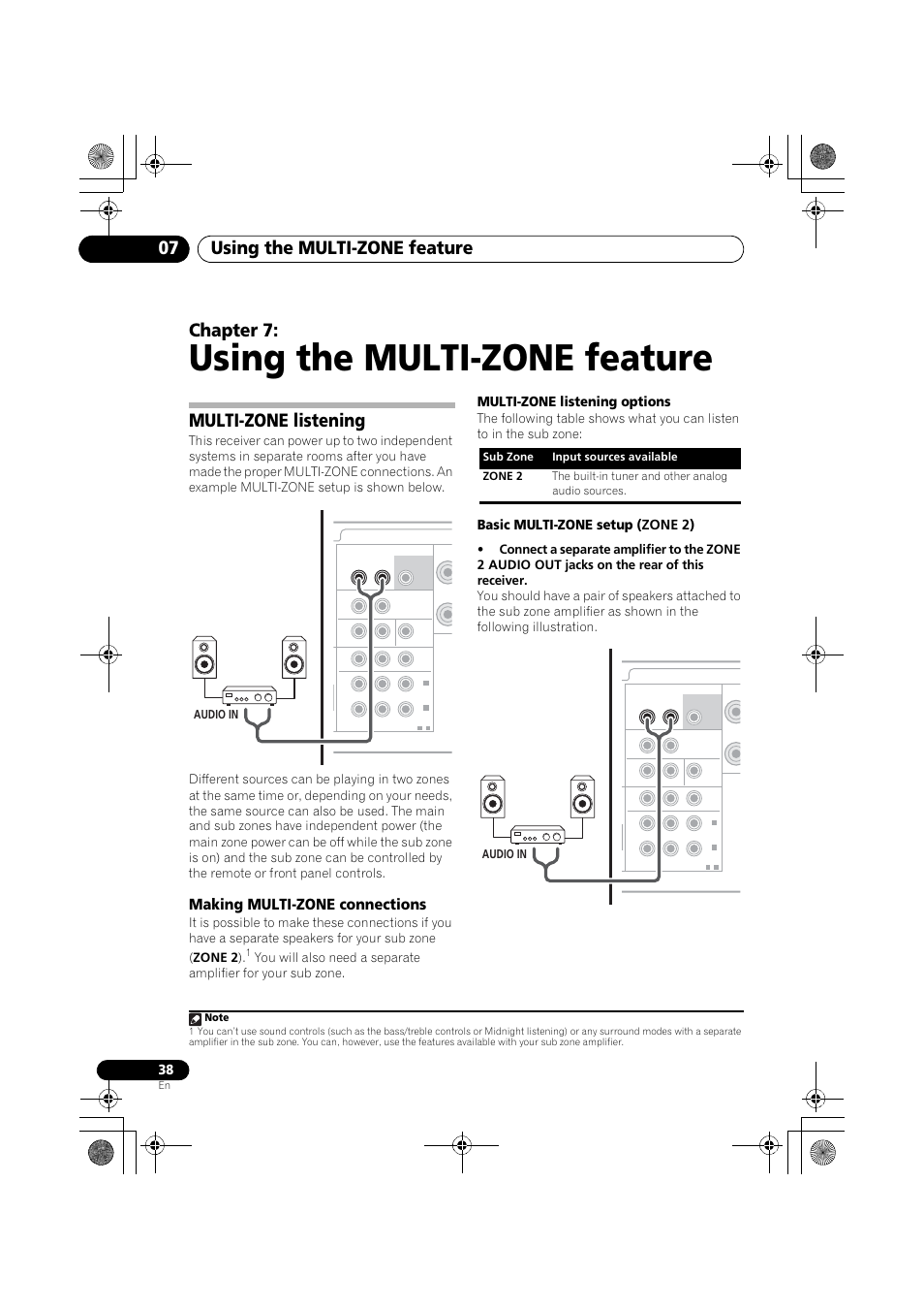 Multi-zone listening, Making multi-zone connections, Using the multi-zone feature | Using the multi-zone feature 07, Chapter 7, Multi-zone listening options, Basic multi-zone setup (zone 2), Audio in | Pioneer VSX-519V-K User Manual | Page 38 / 144