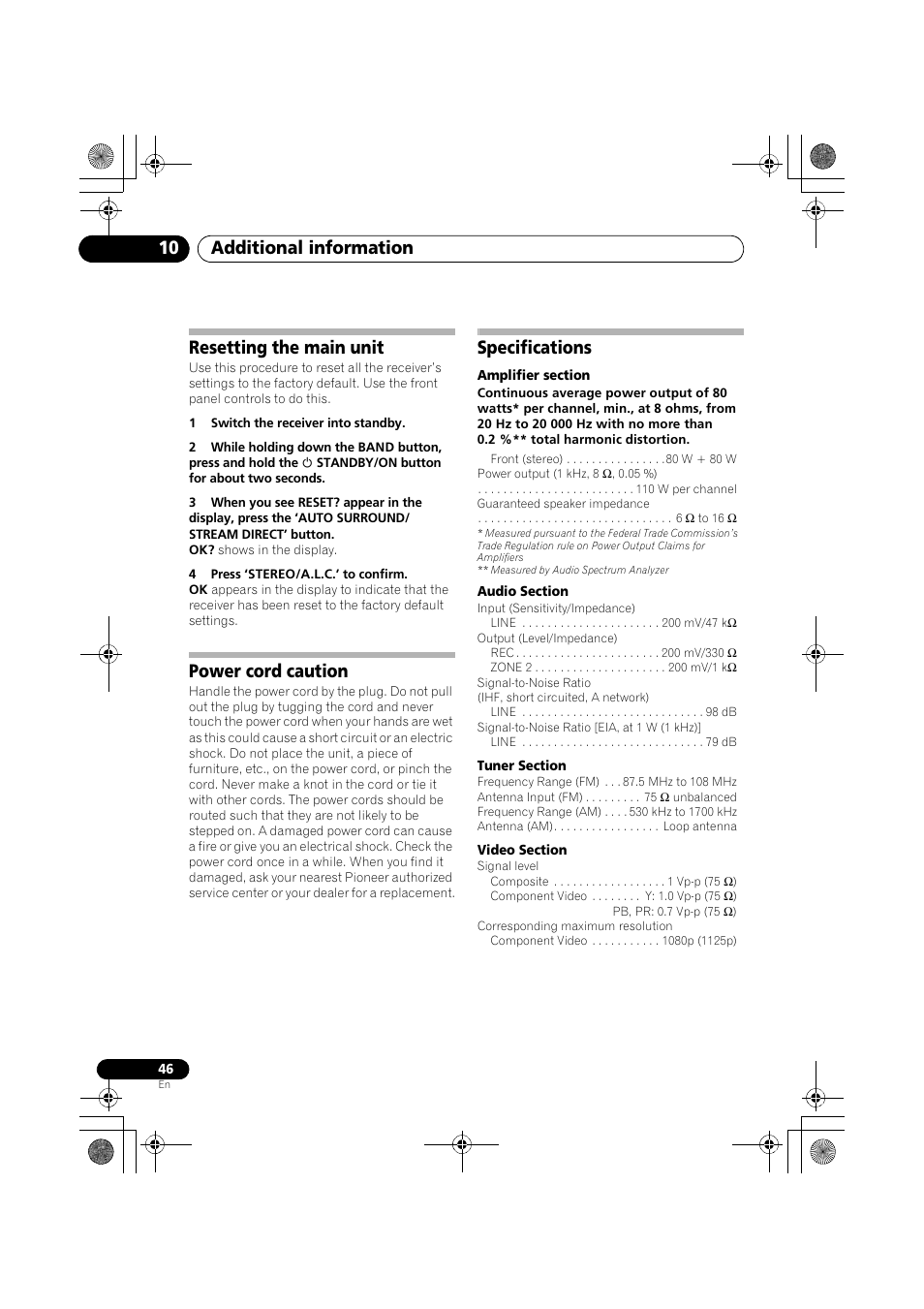 Resetting the main unit, Power cord caution, Specifications | Additional information 10 | Pioneer VSX-519V-K User Manual | Page 46 / 144