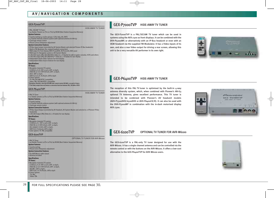 Gex-p7000tvp, Gex-p6400tvp, Gex-6100tvp | For full specifications please see page 30 | Pioneer CNDV-30 DVD User Manual | Page 28 / 32