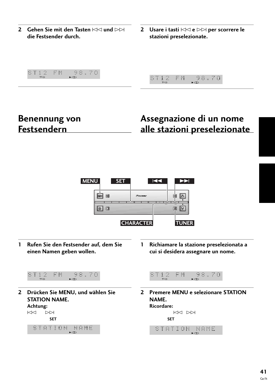 Benennung von festsendern, Deutsch italiano, 2 drücken sie menu, und wählen sie station name | 2 premere menu e selezionare station name, Menu 4 ¢ tuner set character | Pioneer S-L8-LRW User Manual | Page 111 / 142