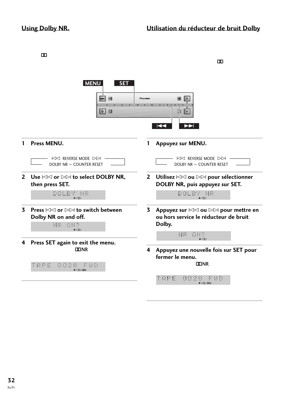 Using dolby nr, Utilisation du réducteur de bruit dolby, 1 press menu | 1 appuyez sur menu, Menu set 4 | Pioneer S-L8-LRW User Manual | Page 32 / 142