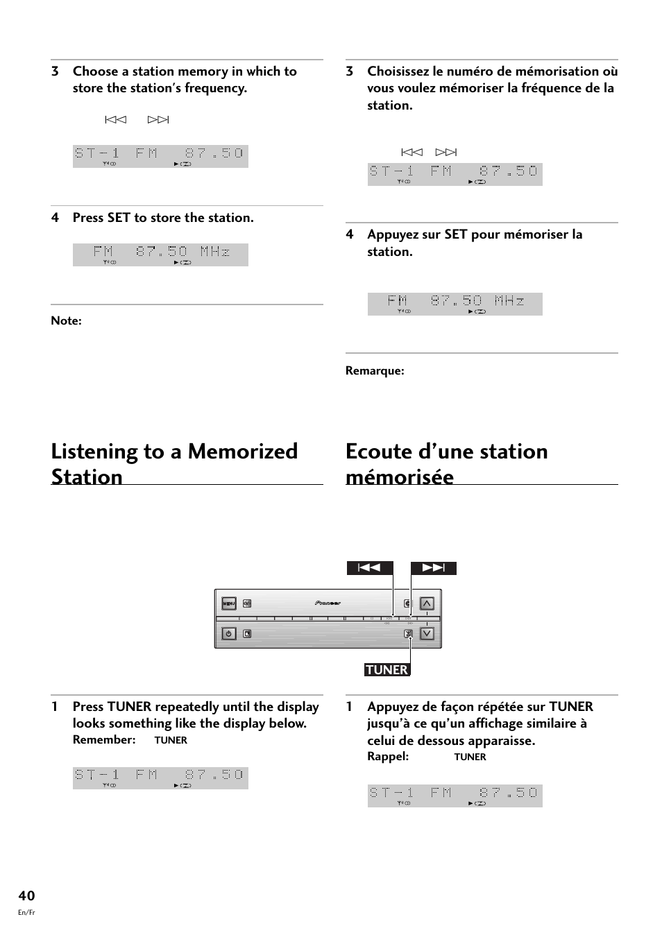 Ecoute d’une station mémorisée, 4 press set to store the station, 4 appuyez sur set pour mémoriser la station | Tuner 4 | Pioneer S-L8-LRW User Manual | Page 40 / 142