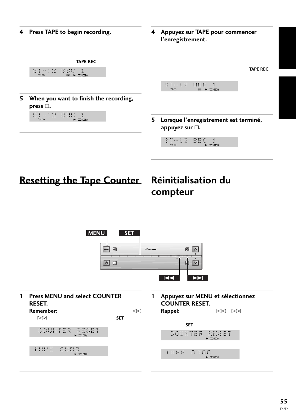 Resetting the tape counter, Réinitialisation du compteur, English français | 4 press tape to begin recording, 5 when you want to finish the recording, press, 1 press menu and select counter reset, 4 appuyez sur tape pour commencer l’enregistrement, 1 appuyez sur menu et sélectionnez counter reset, Menu set 4 | Pioneer S-L8-LRW User Manual | Page 55 / 142