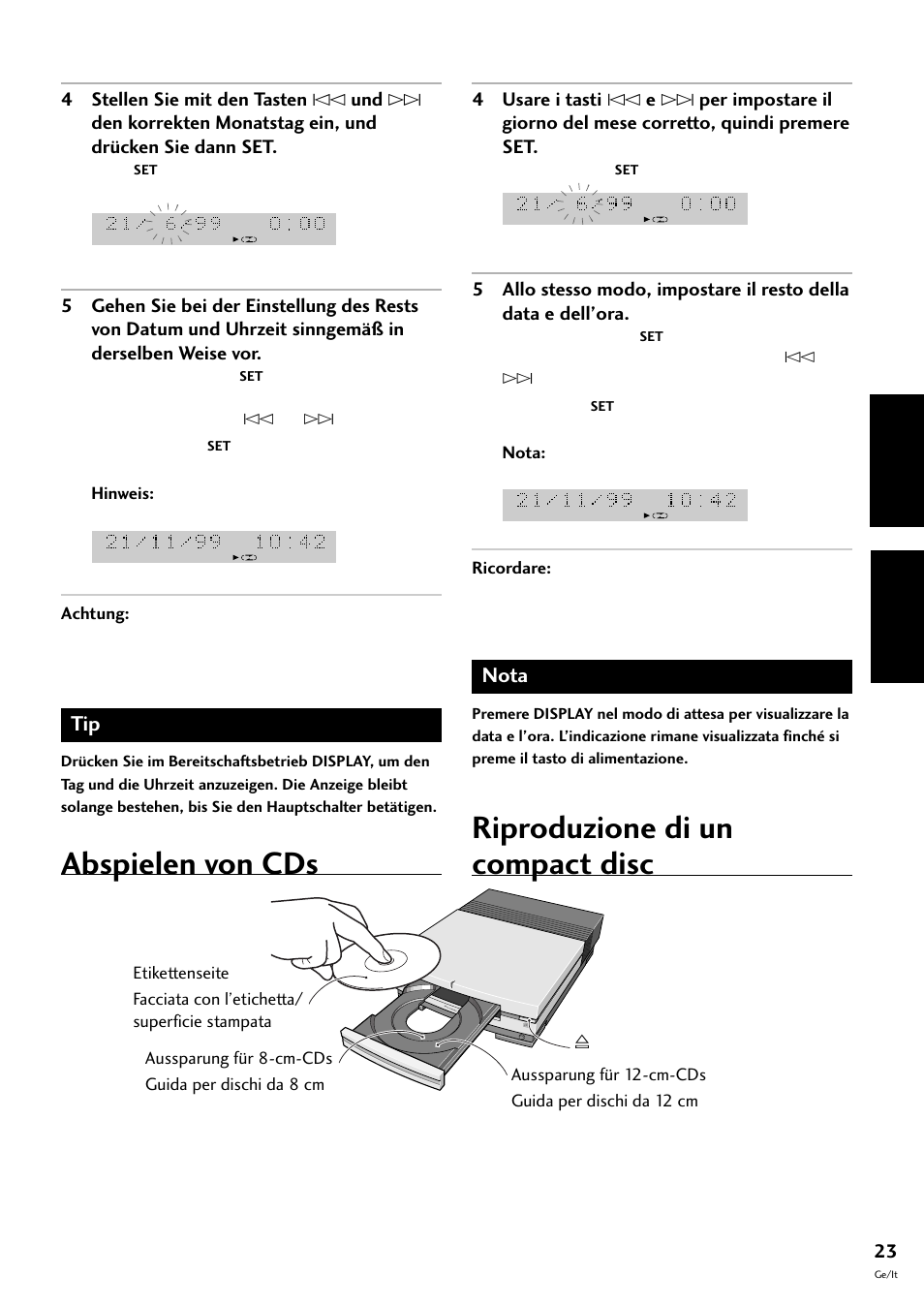 Abspielen von cds, Riproduzione di un compact disc, Deutsch italiano | Pioneer S-L8-LRW User Manual | Page 93 / 142